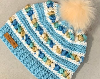 Iced Aqua-Shore Tones-White Hat/Beanie with Faux Fur Pom
