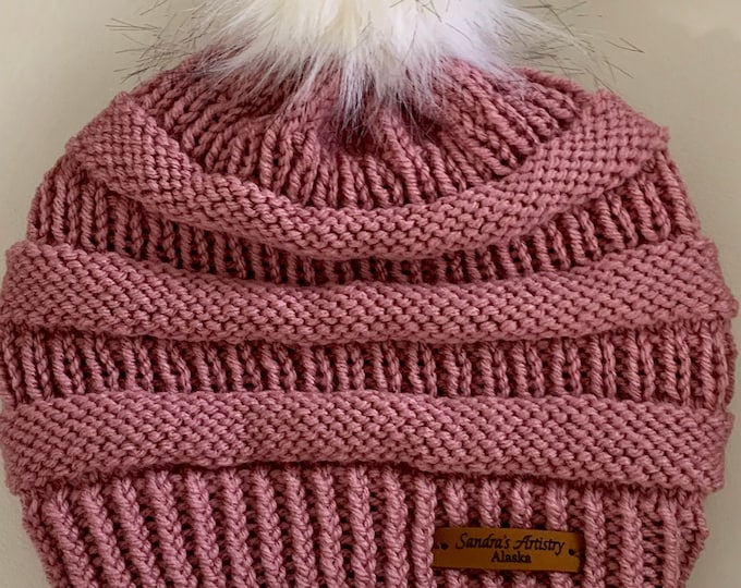 CC Hat-Dusty Rose with Faux Fur Ball (Knit)-Adult Size