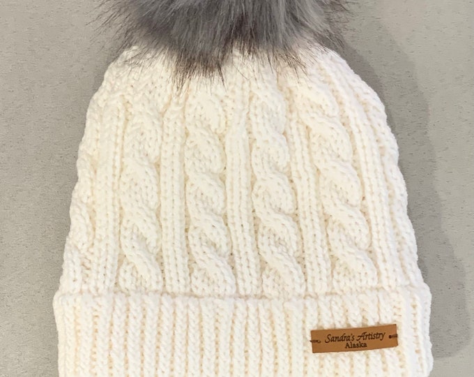 Hat-Cabled Knit with Rolled Brim (White with Grey Faux Fur Pom) Adult