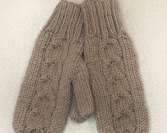 Taupe Knit Cabled Mittens-Handmade and Designed-Adult Medium Size