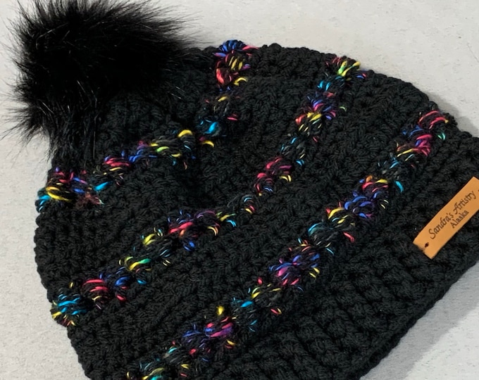 Black Fleck Hat/Beanie or Slightly Slouchy-Faux Fur Pom (2 size options)