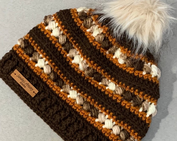 Brown-White-Rust Hat/Beanie with Faux Fur Pom