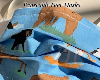 Reusable Face Masks (Alaska Wildlife Theme-blue and white) Unisex w/nose bridge wire insert