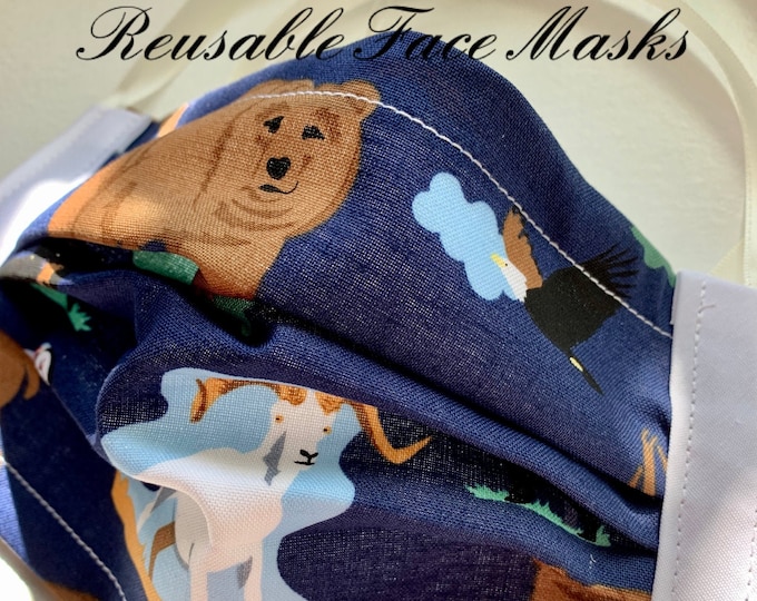 Reusable Face Masks (Alaska Wildlife Theme-navy and white) Unisex w/nose bridge wire insert