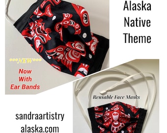 Reusable Face Masks (Alaska Native Theme) unisex w/nose bridge wire insert and head-neck ties