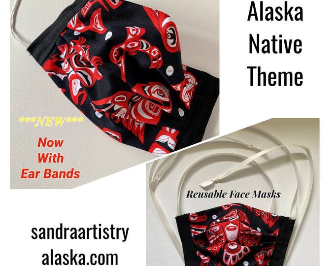 Reusable Face Masks (Alaska Native Theme) unisex w/nose bridge wire insert and head-neck ties