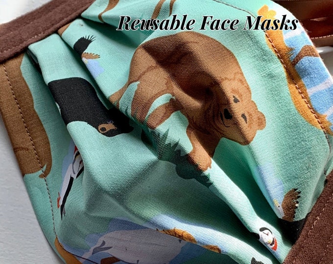 Reusable Face Masks (Alaska Wildlife Theme-turquoise and brown) Unisex w/nose bridge wire insert