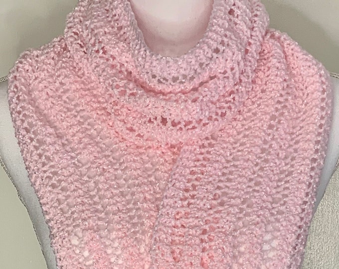 Lacy Pink Fringed Scarf-Handmade Knit Designed (68”Lx7”W)