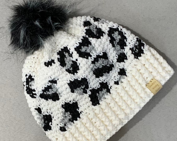 Snow Leopard Hat/Beanie-Faux Fur Pom (2 size options)