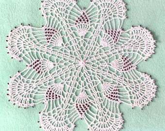 White Cotton Handmade Doily with 208 Czech Glass Purple Opalescent Beads (11” DIA)