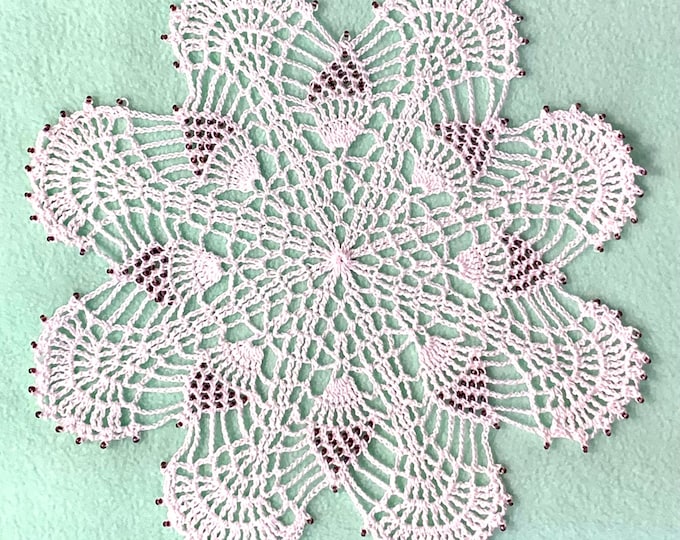 White Cotton Handmade Doily with 208 Czech Glass Purple Opalescent Beads (11” DIA)