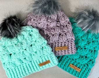 Handmade Hat/Beanie-Variegated Faux Fur Pompom (3 color options)