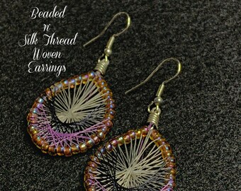 Beaded 'n' Silk Thread Woven Earrings (Black Purple Silver) 2-1/4"Lx1"W