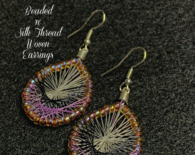 Beaded 'n' Silk Thread Woven Earrings (Black Purple Silver) 2-1/4"Lx1"W