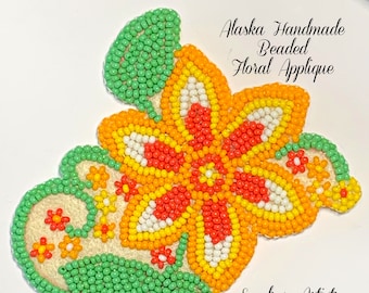 Alaska Handmade Beaded Floral Applique-3x3-1/4" in Czech Glass Beads (Yellow Orange Green)