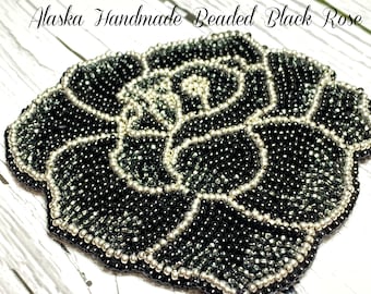 Alaska Handmade Beaded Black Rose Applique-3-1/2x3-3/4" in Czech Glass Beads (Black Silver)