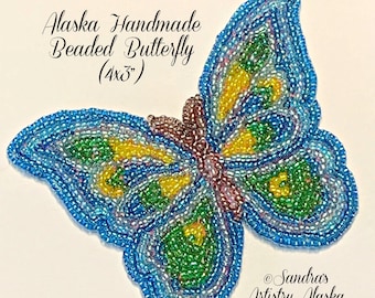 Alaska Handmade Beaded Large Butterfly Applique-4x3" in Czech Glass Beads (Blue Yellow Green)