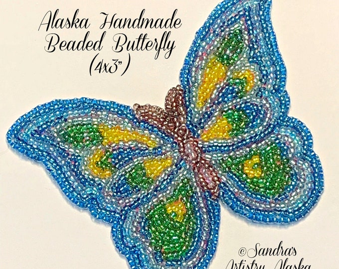 Alaska Handmade Beaded Large Butterfly Applique-4x3" in Czech Glass Beads (Blue Yellow Green)