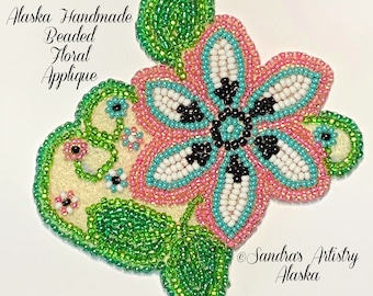 Alaska Handmade Beaded Floral Applique-3x3-1/4" in Czech Glass Beads (Pink Blue Black)