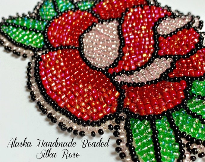 Alaska Handmade Beaded Sitka Rose-3" L x 4" W in Czech Glass Beads