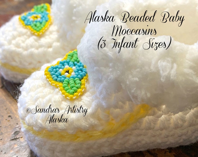 Alaska Beaded Forget Me Not Baby Moccasins (3 Infant Sizes) Handmade and Designed