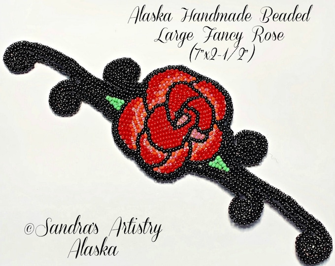 Alaska Handmade Beaded Large Fancy Rose Applique-7x2-1/2" in Czech Glass Beads (Red Coral Pink Black)