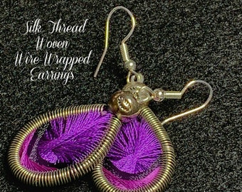 Silk Thread Woven Wire-Wrapped Earrings (Black Purple Silver) 2-1/8"Lx3/4"W