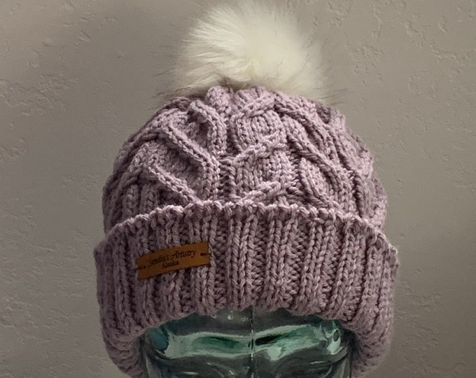 Dusty Grape Knit Cabled Hat with Turned Brim and Pom-Adult Medium