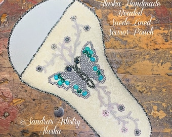 Alaska Handmade Beaded Suede-Lined Scissor Pouch-Fits 5" L Craft/Sewing Scissors (Turquoise)