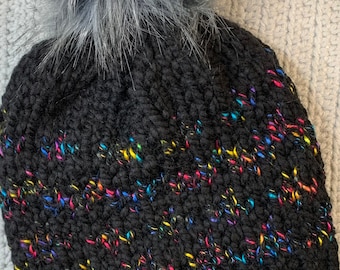 Chunky Fair Isle Alaskan Beanie/Hat in Aurora-Black—Unisex M-Adult