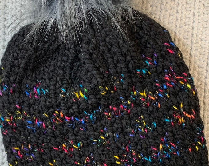 Chunky Fair Isle Alaskan Beanie/Hat in Aurora-Black—Unisex M-Adult