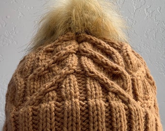 Camel Knit Cabled Hat with Rolled Brim and Pom-Adult Medium