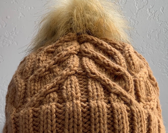 Camel Knit Cabled Hat with Rolled Brim and Pom-Adult Medium