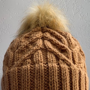 Camel Knit Cabled Hat with Rolled Brim and Pom-Adult Medium