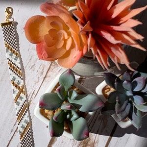 Miyuki Delica Beaded Bracelet Gold/Grey/White/Brown Fits 6-7” wrist-adjustable