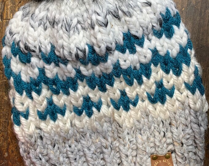 Chunky Fair Isle Alaskan Beanie/Hat in Gray-Cream-Teal-Marble—Unisex M-Adult