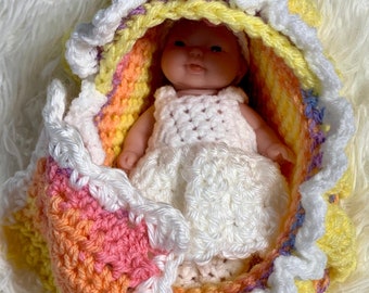 Girls Cradle to Purse with Doll, Blanket, Diaper, Headband, Booties-Rainbow Yellow White