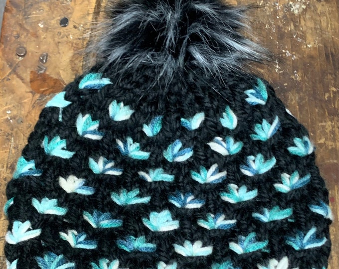 Winter Black-Turquoise Lotus Flower Beanie/Hat—Knit (Adult M)