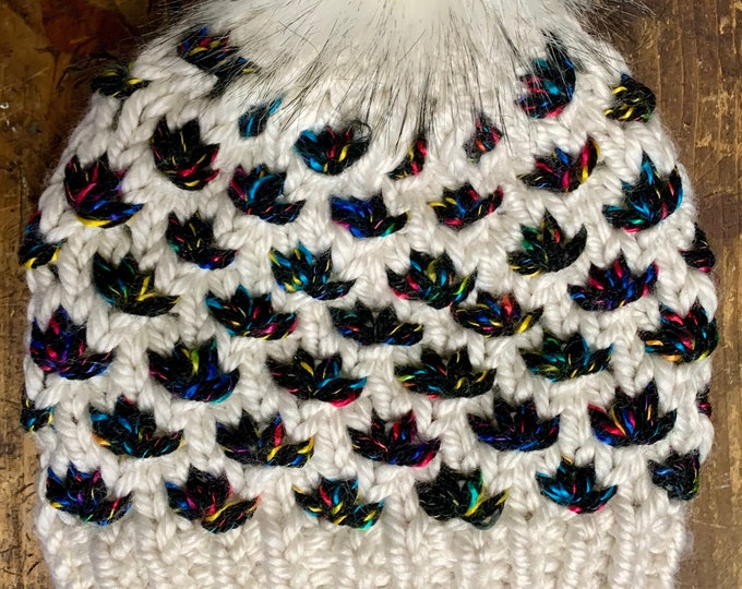 Winter White Black-Rainbow Lotus Flower Beanie/Hat—Knit (Adult M)