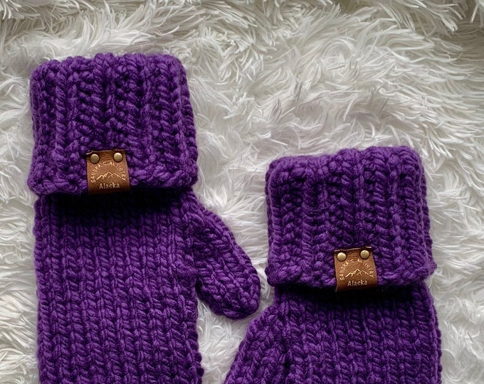 Chunky Knit Mittens-Handmade and Designed-Adult Medium Size in Purple