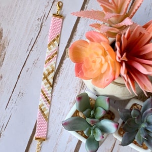 Miyuki Delica Beaded Bracelet Gold/Tan/Pink/White Fits 6-7-1/2” wrist-adjustable