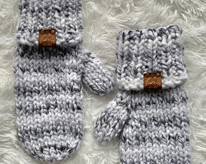 Chunky Knit Mittens-Handmade and Designed-Adult Medium Size in Marble