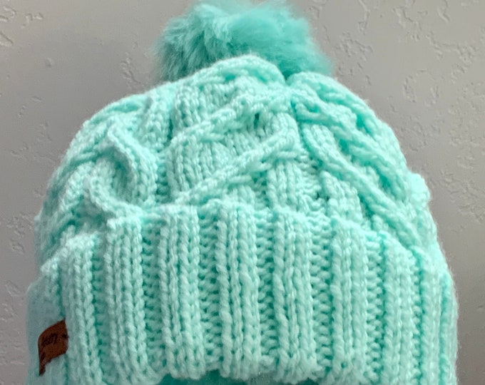 Aqua Knit Cabled Hat with Rolled Brim and Pom-Adult Medium