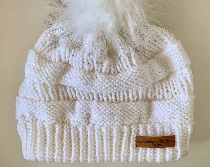 CC Hat/Beanie-White with Faux Fur Ball (Knit)-Adult Size