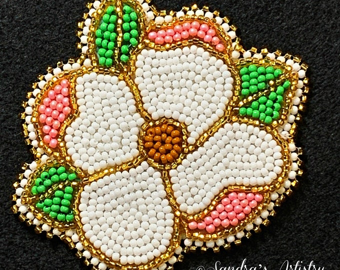 Alaska Handmade Beaded Dogwood Blossom Applique-3x3-1/4" in Czech Glass Beads (Gold Pink Green)