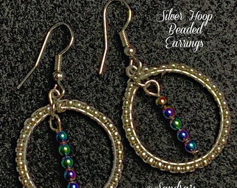 Silver Hoop Beaded Earrings (Hematite Silver) 1-7/8"Lx1"W