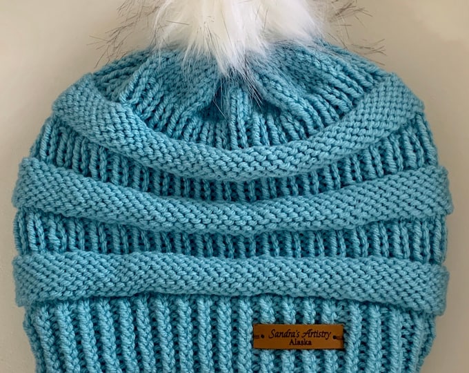 CC Hat-Iced Aqua with Faux Fur Pom (Knit)-Adult Size