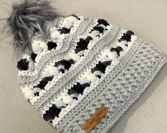 Black-Gray-White Hat/Beanie with Faux Fur Pom