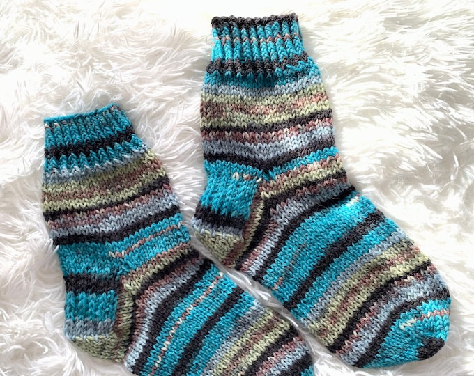 Wool Knit Socks-Fine Weight in Variegated Blue - Women: Size Small (Grafted Toe)