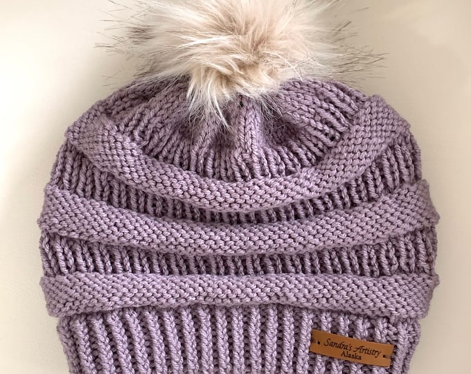 CC Hat-Dusty Grape with Faux Fur Ball (Knit)-Adult Size